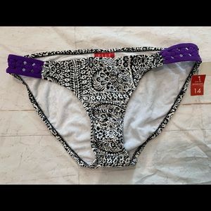 Elle Women’s Bikini Bottom Black White Purple Side Sz 14 NWT Geometric